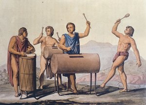 Aztekiske musikere som spiller på Tlapanecos (farget gravering